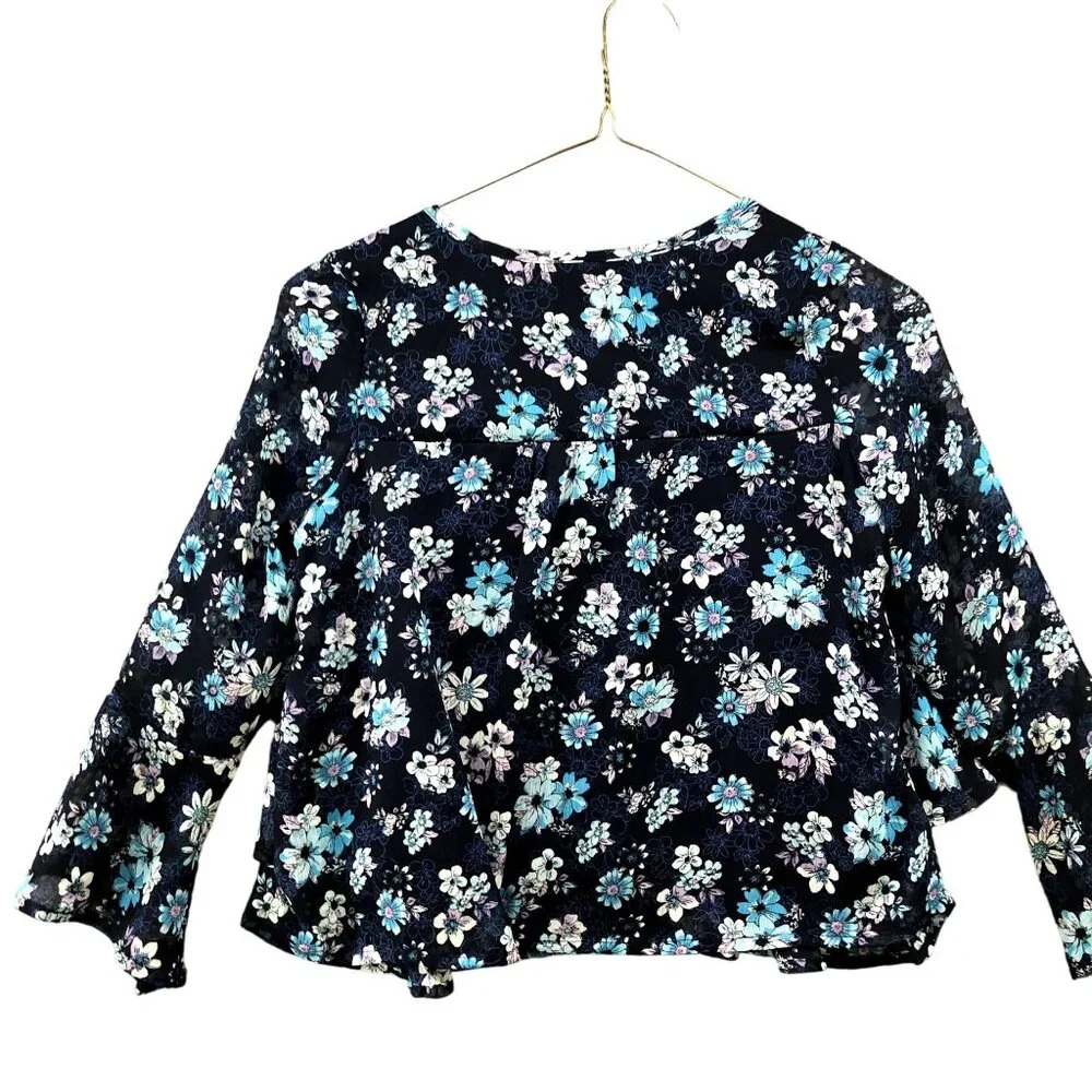 Justice Girls Size 8 Chiffon Blouse Navy Blue Floral Bell‎ Sleeve Sheer Sleeve